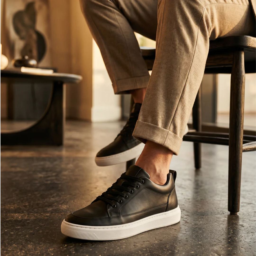 Heightn Pinnacle elevator sneaker - three-quarter view, black and white classic style